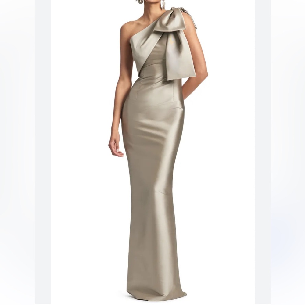 Sachin + Babi One-Shoulder Champagne Satin Gown with Sculpted Shoulder Bow